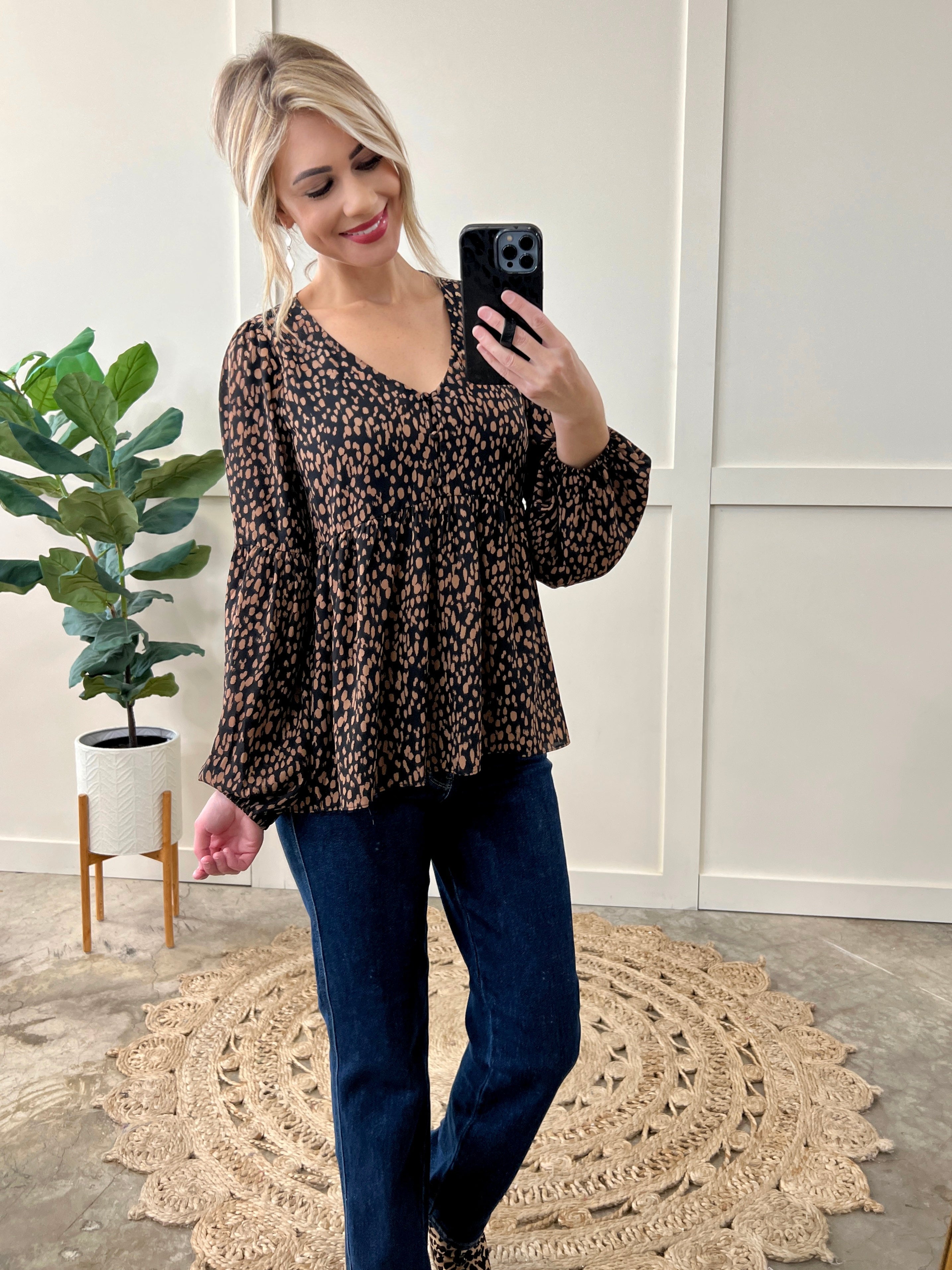 Animal Print Button Blouse In Black & Taupe