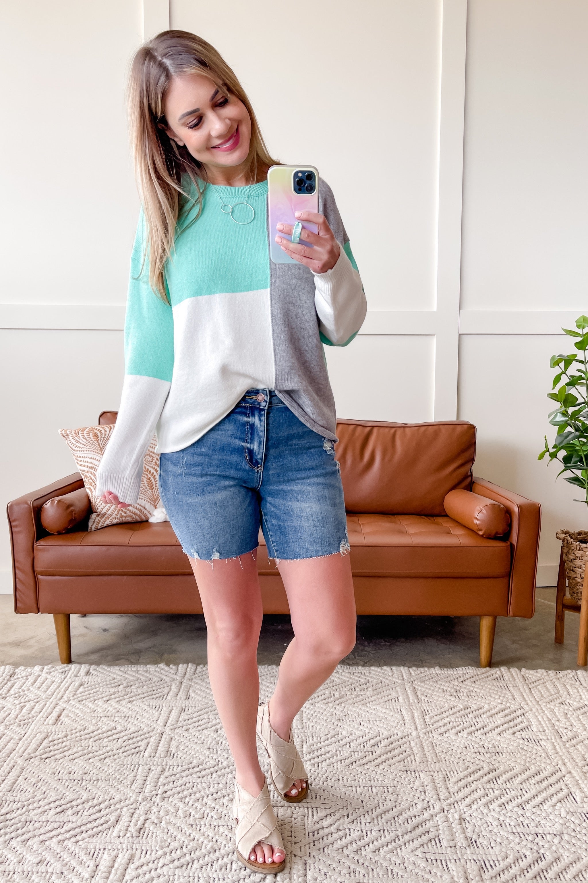 See You Later Colorblock Sweater In Mint & Gray