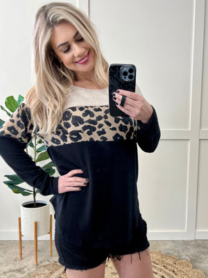 Leopard Print Color Block Top In Black and Taupe