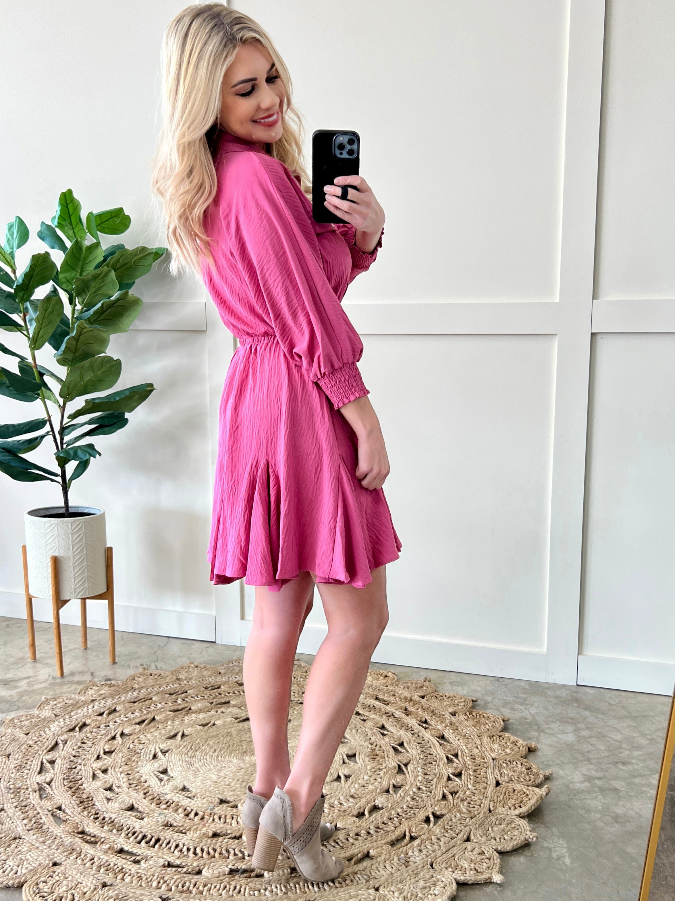 Button Front Flare Dress In Rose