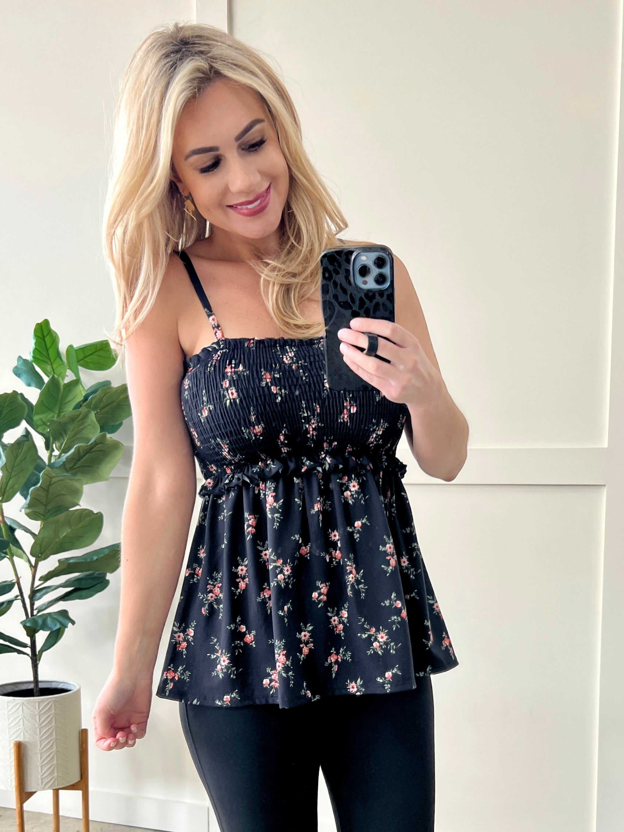 Smocked Sleeveless Top In Subtle Pink Florals