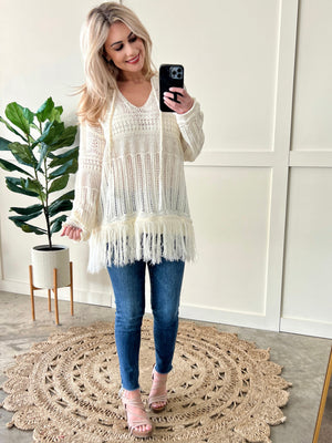Crochet Open Knit Cover Up With Fringe Hem In Soft Neutral