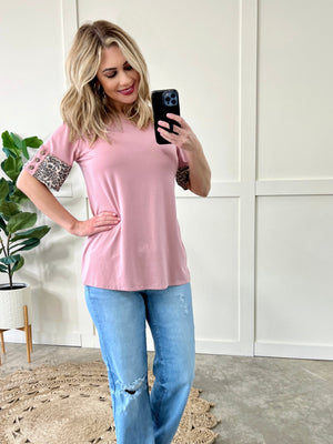 Button Sleeve Top In Dusty Pink Animal Print