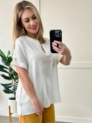 Button Sleeve Gabby Top In White Cotton