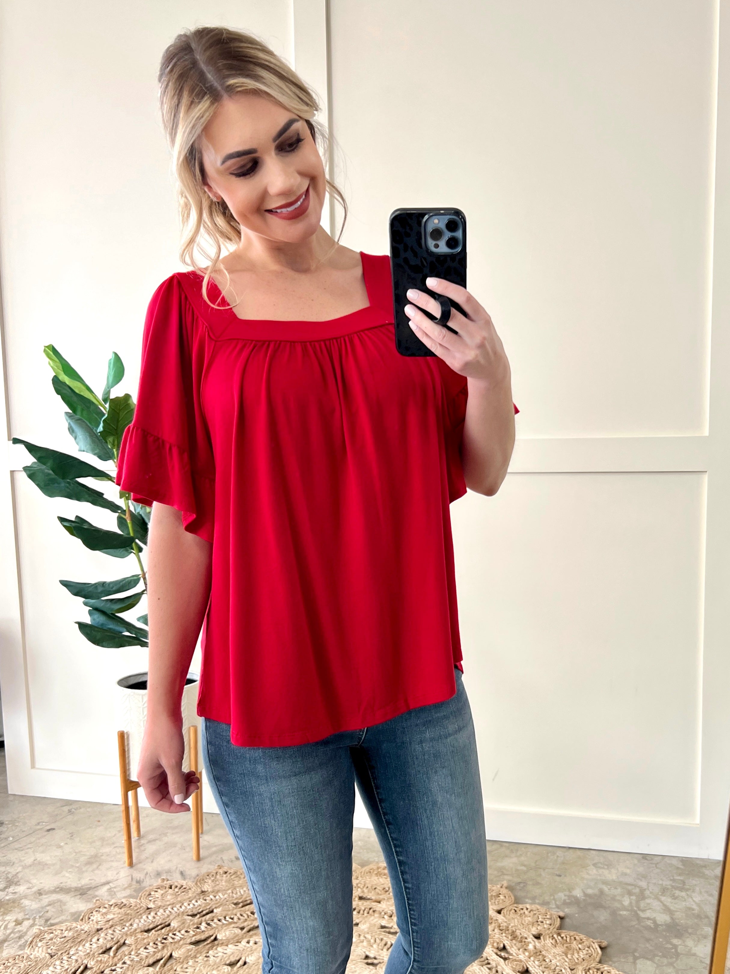 Square Neck Top In True Red