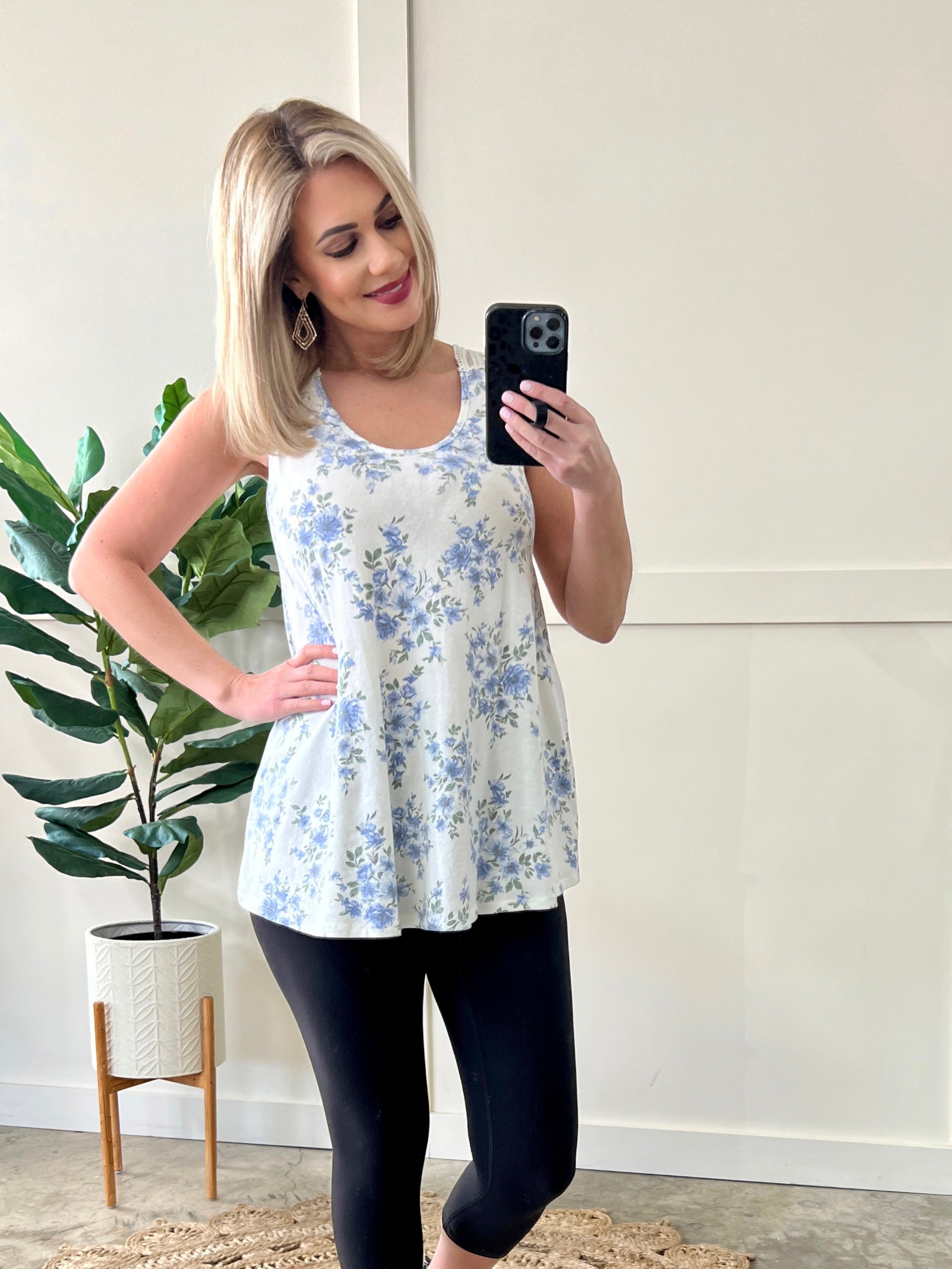 Lace Back Sleeveless Top In Blue Blossom