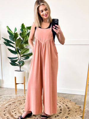 Shirring Detail Overalls In Mauve Blush