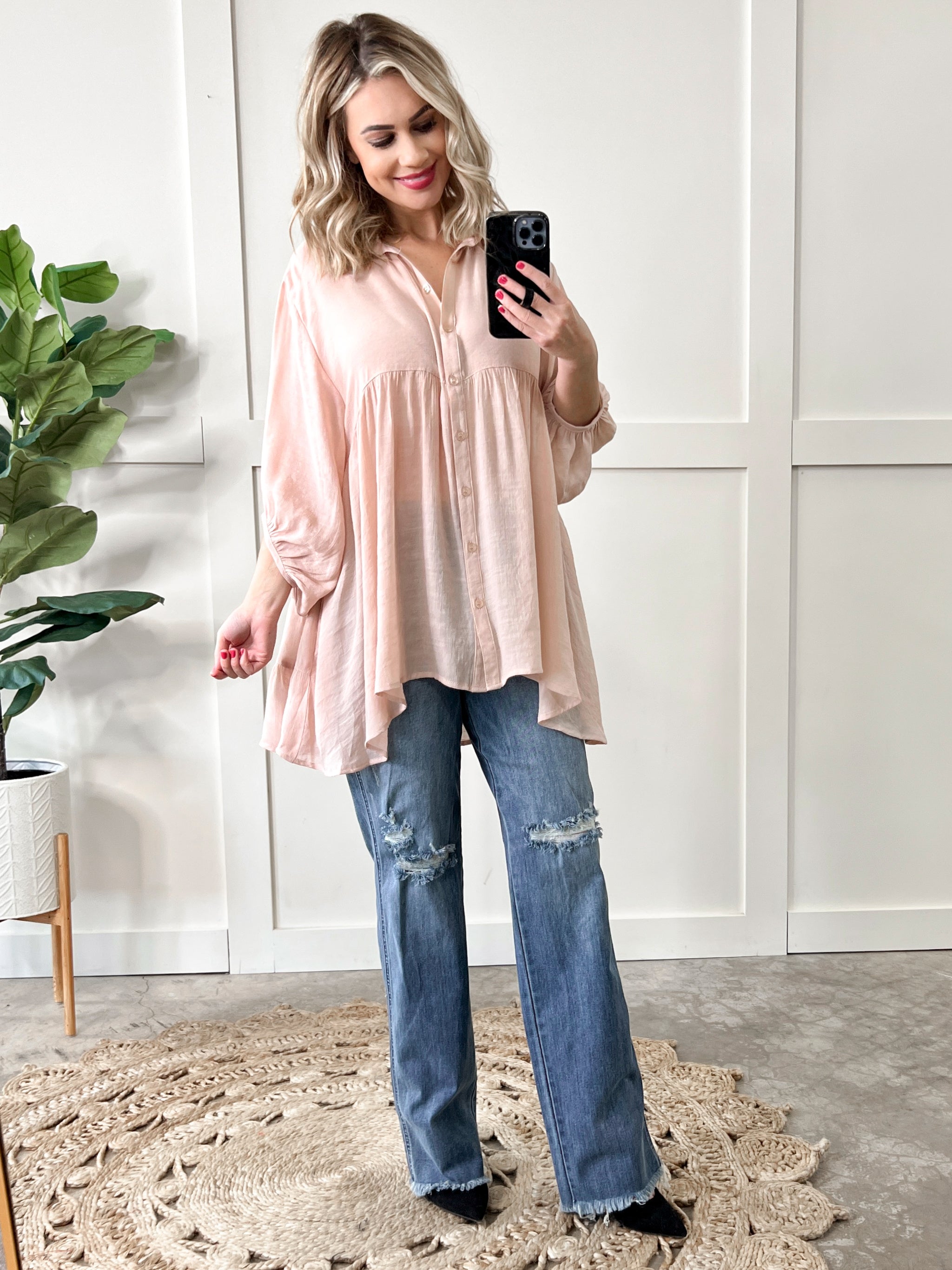 Tiered Bohemian Button Down Blouse In Soft Blush
