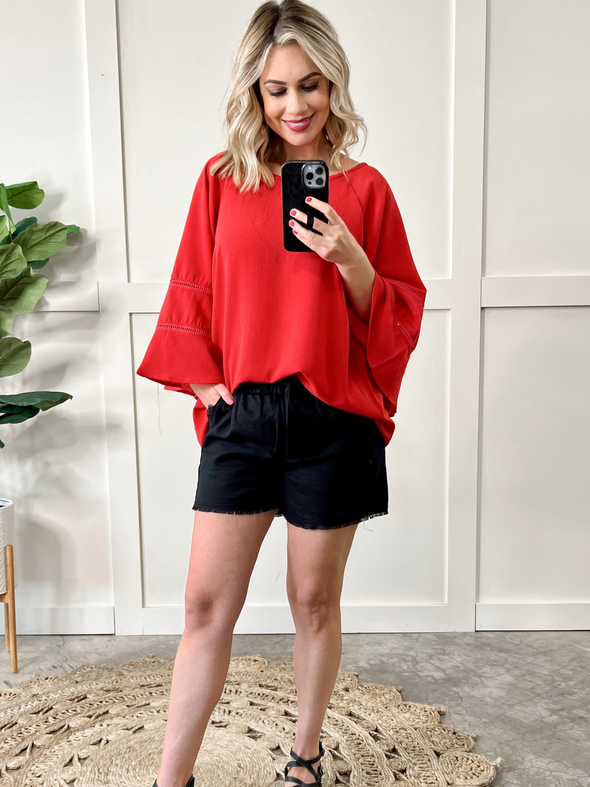 Bell Sleeve Blouse With Tie Back Detail In Scarlet