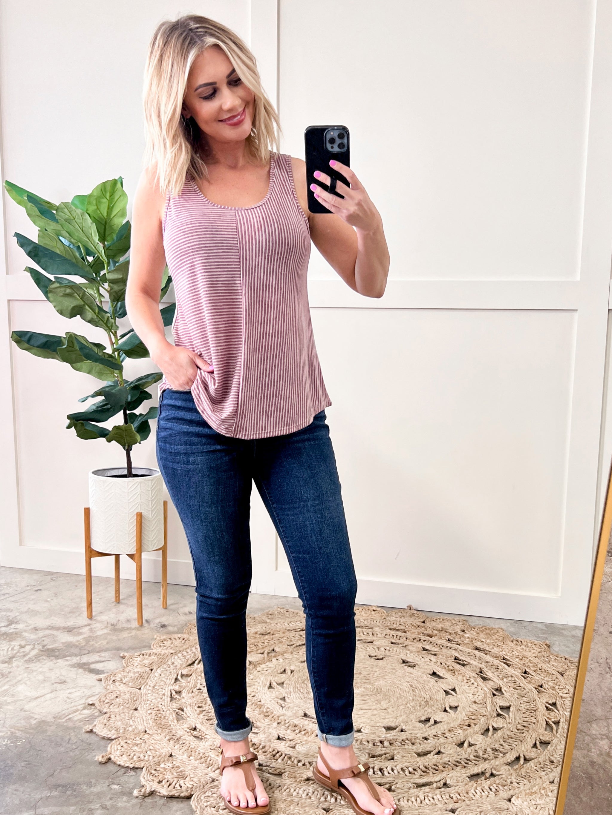 Casual Sleeveless Top In Burgundy Stripes