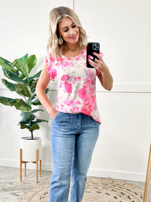 Ruffle Sleeve Top In Rose Florals