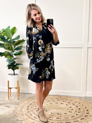 Black Button Sleeve Gabby Dress With Pockets In Deep Florals
