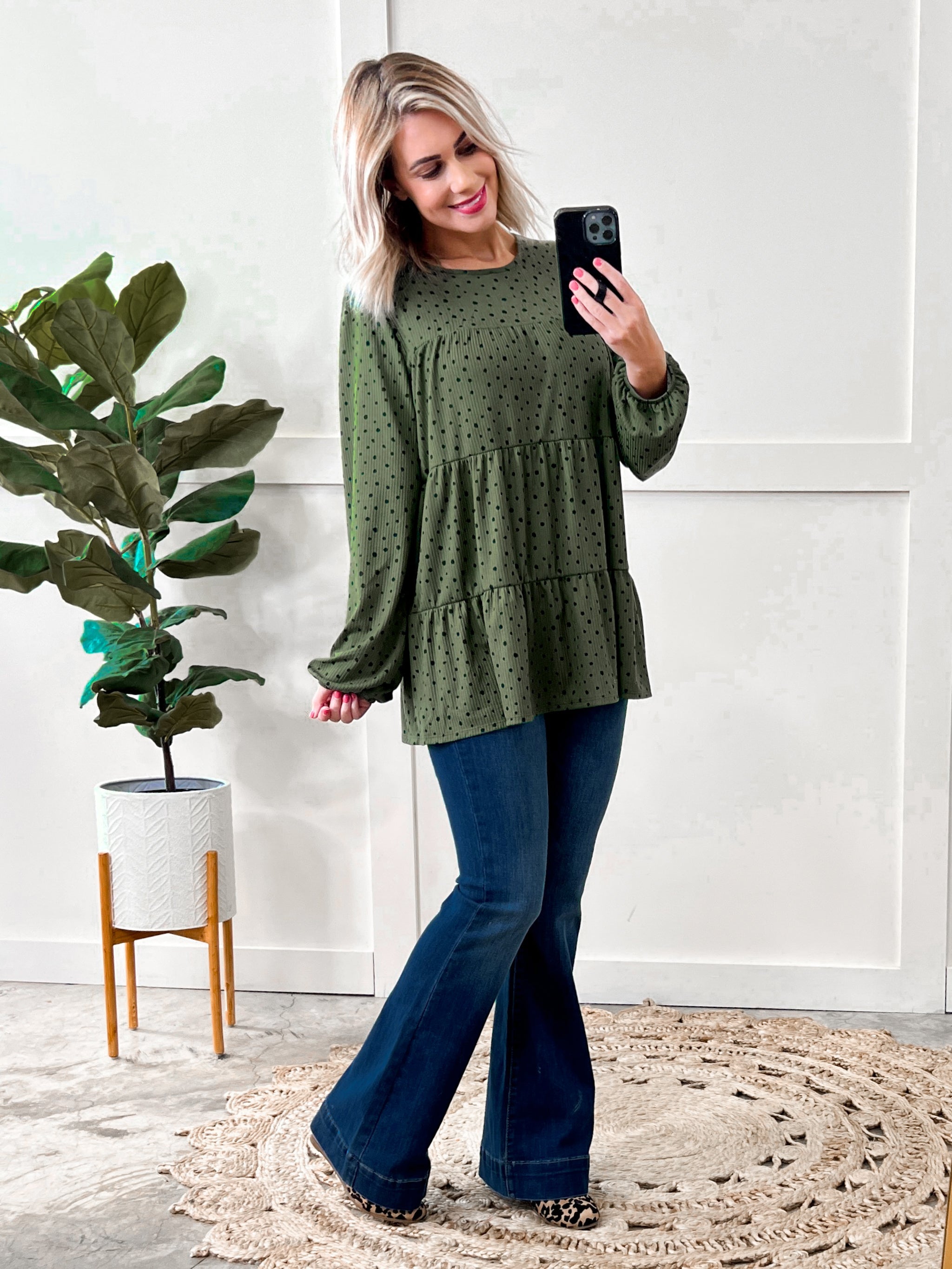 Tiered Long Sleeve Top In Olive Polka Dots