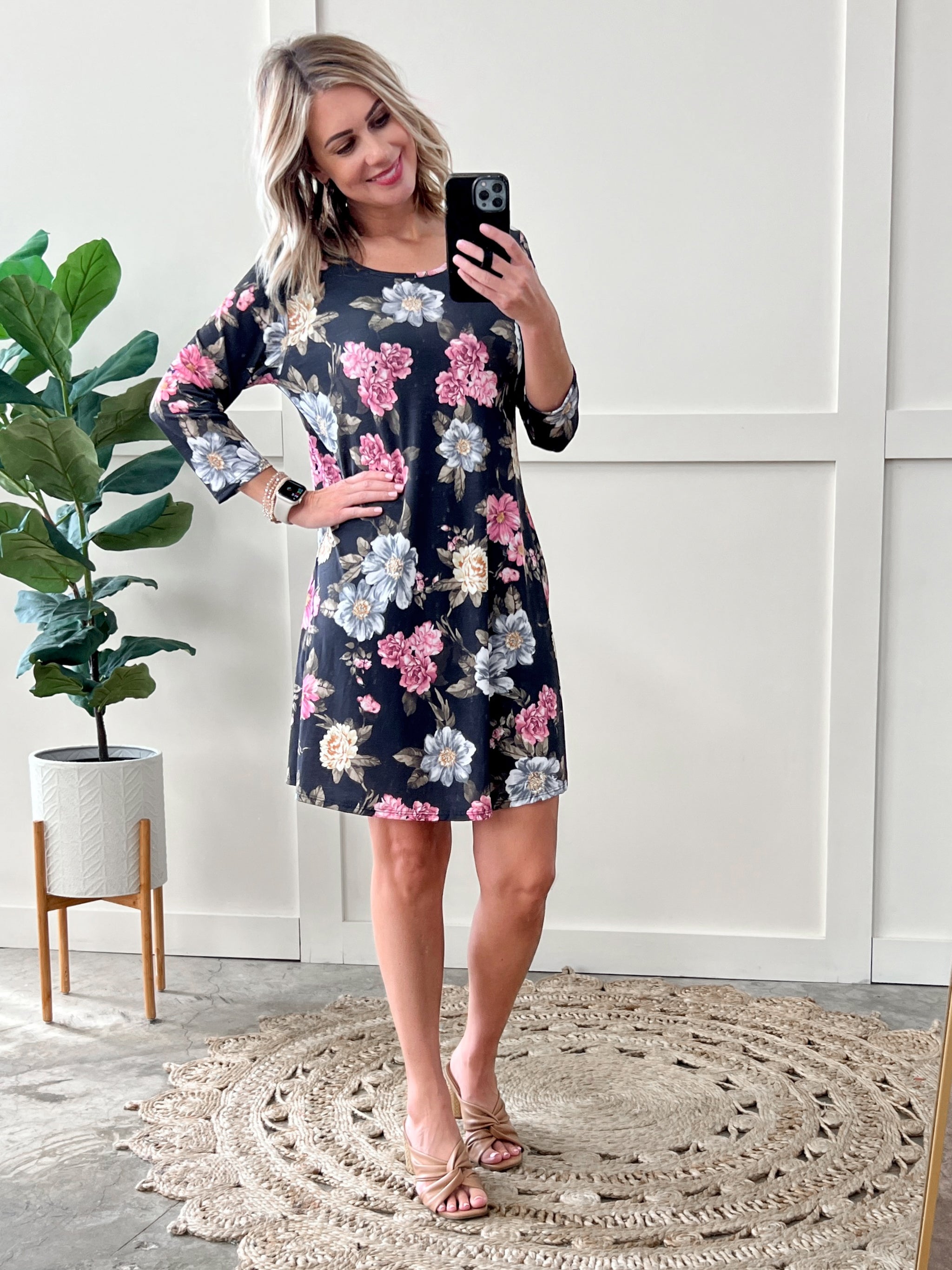 Shift Dress With Pockets In Slate Gray With Colorful Peony