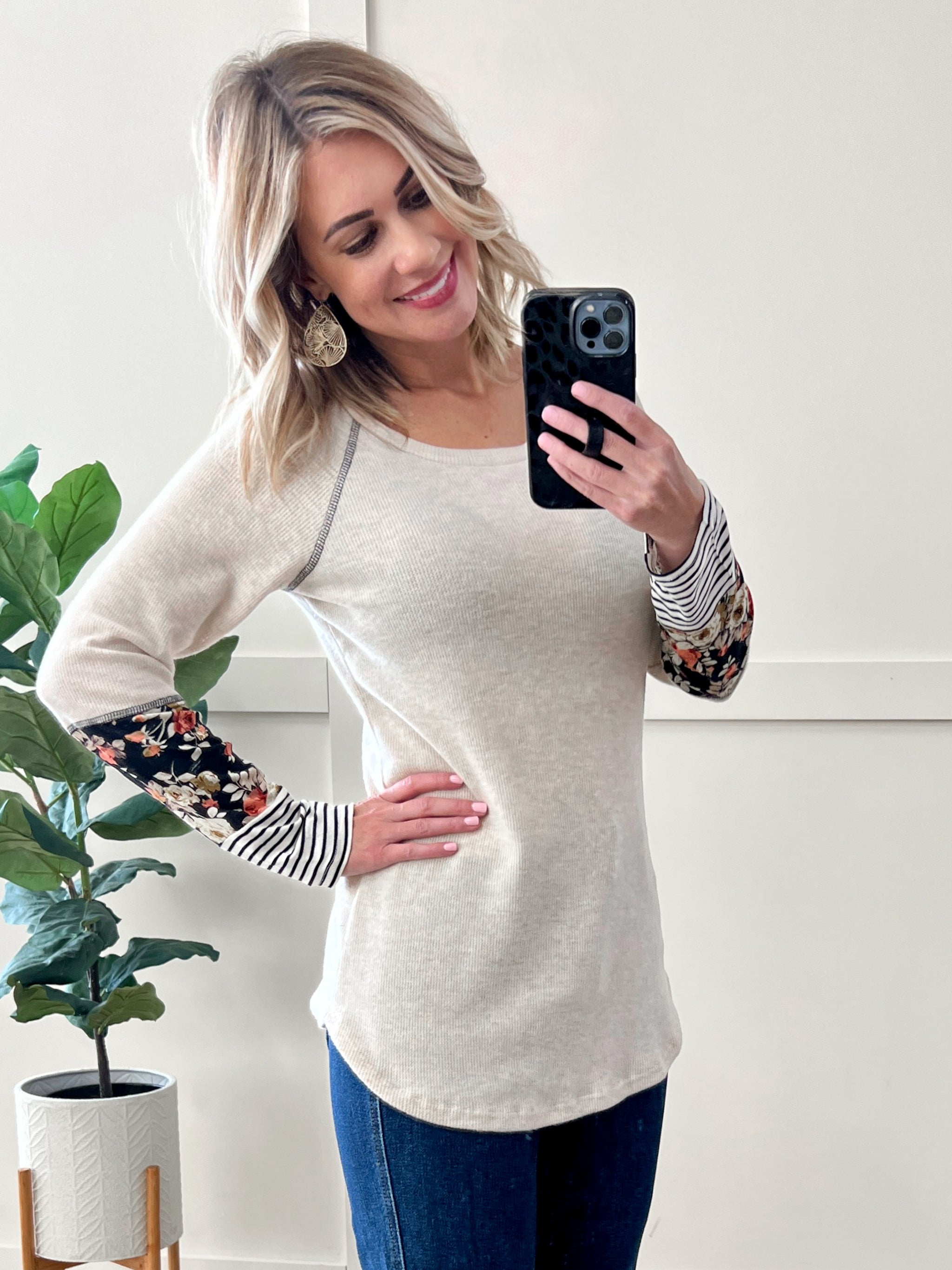 Floral & Stripe Contrasted Long Sleeve Top In Natural