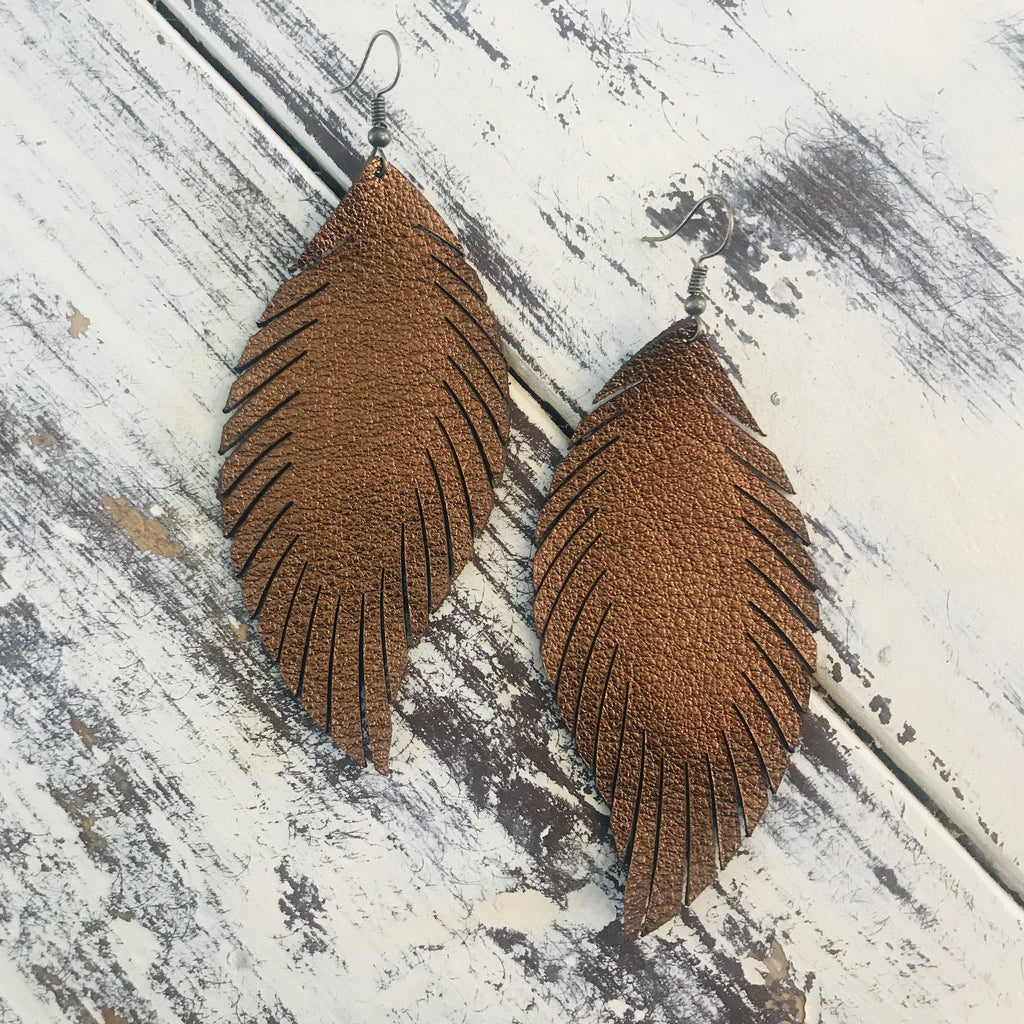 Leather Feather Earrings Metallic Bronze