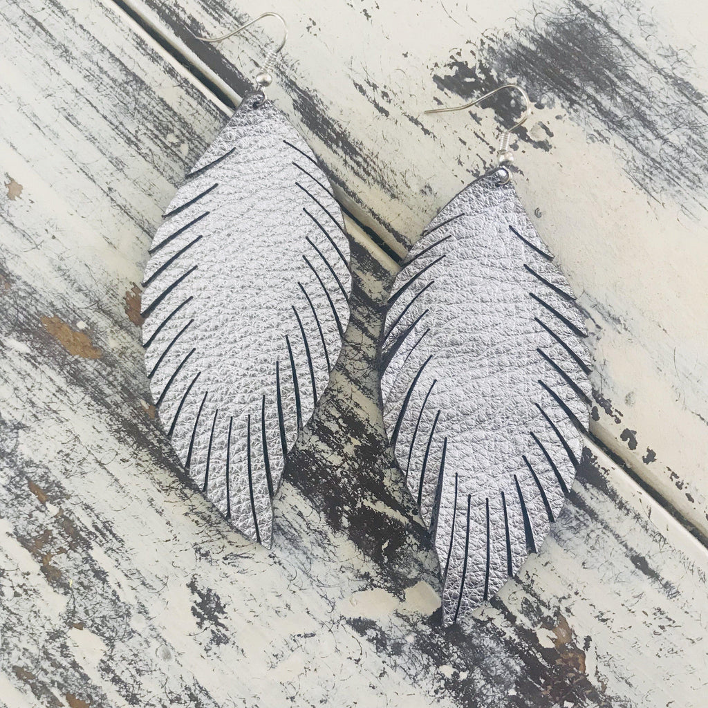 Leather Feather Earrings Metallic Silver